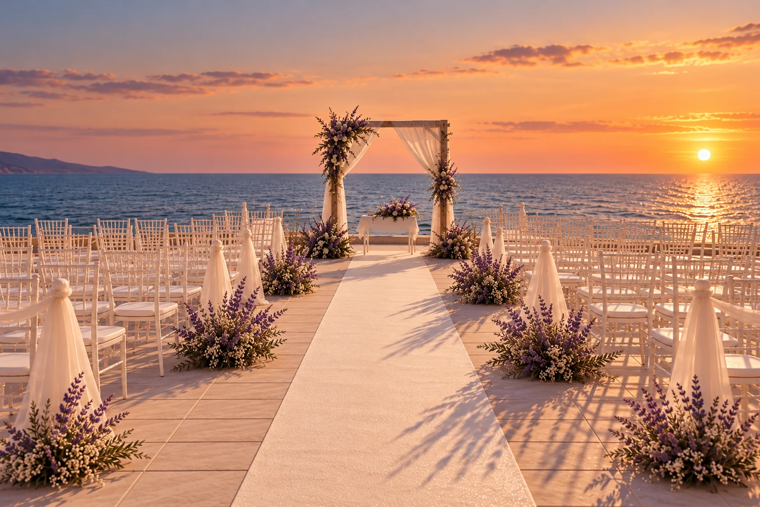 Cerimonia nuziale sul mare al tramonto, con fiori di lavanda